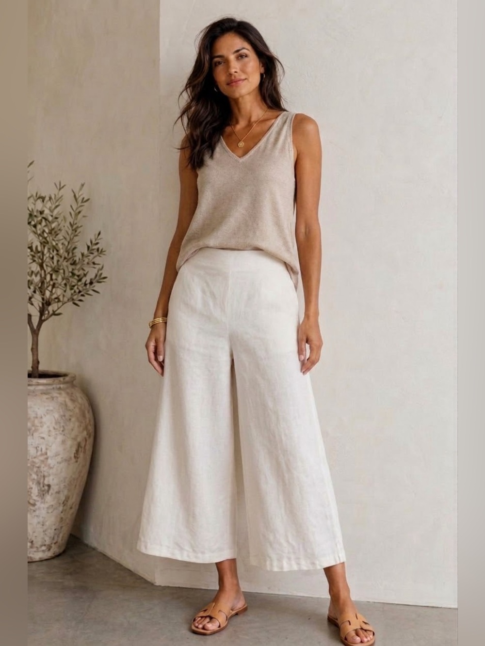 Eileen Fisher Ivory Linen Silk Woman Cropped Pants Size Large Side Zip Wide Leg - Picture 6 of 14